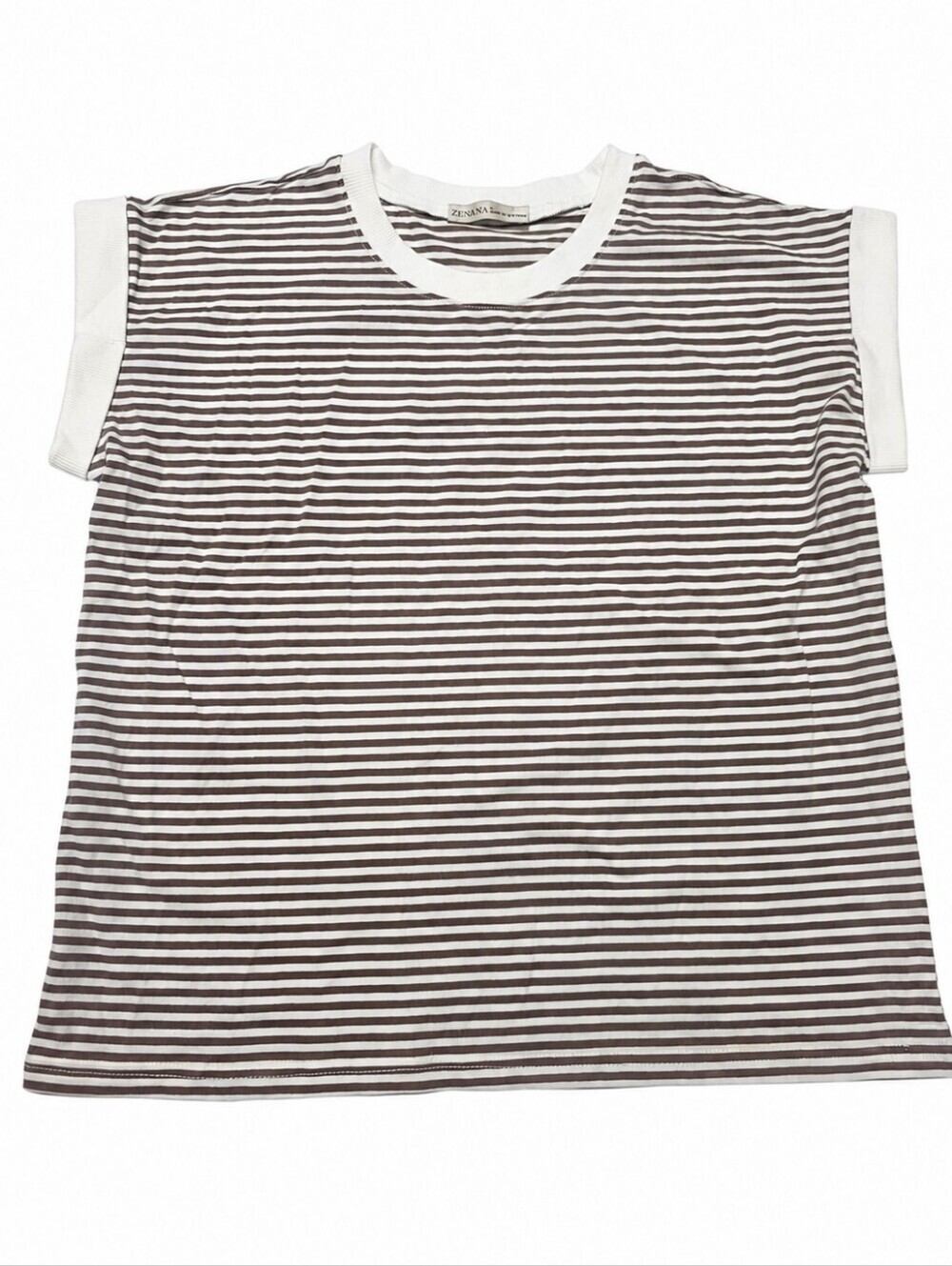 Zenana Brown Ivory Striped Cap Sleeve Ringer Tee Size Small NWOT